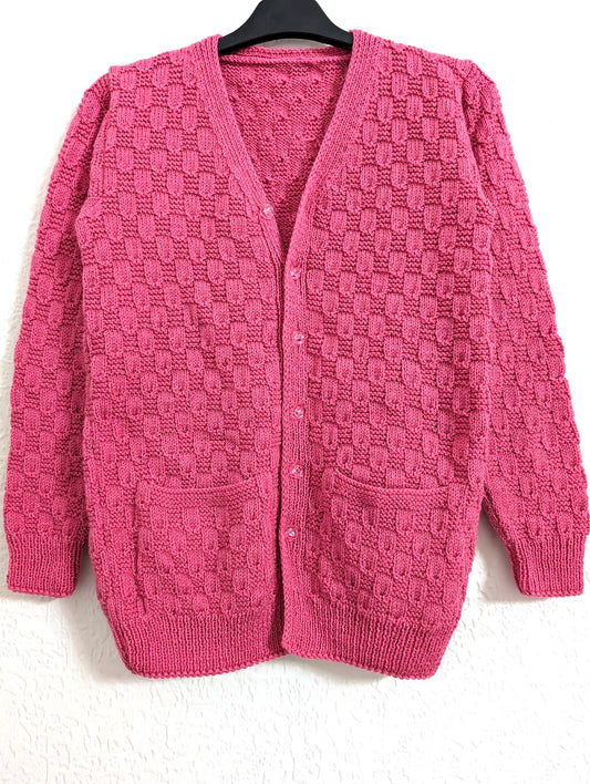 Pink Checkered Knit Button-Up Cardigan