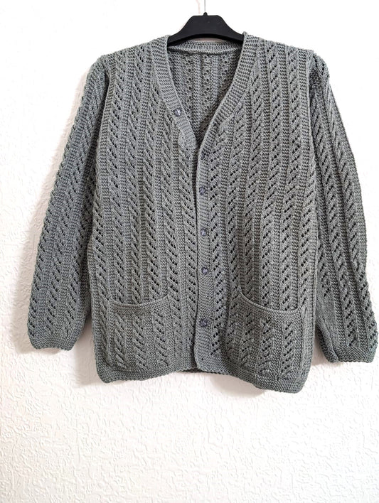 Grey Lace-Knit Button-Up Cardigan