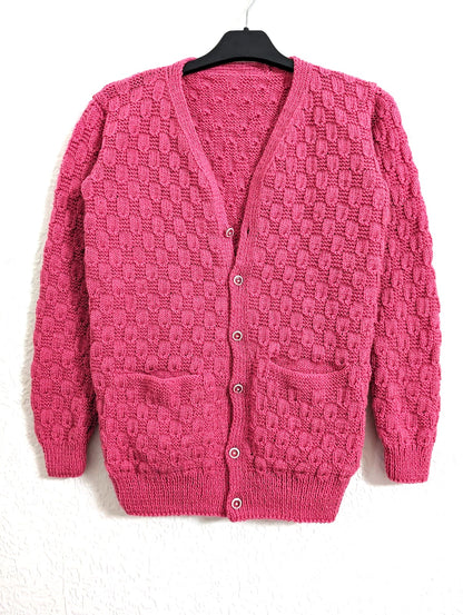 Dark Pink Checkered Knit Cardigan