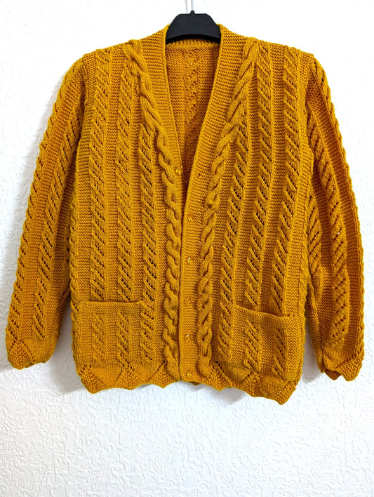 Mustard Yellow Cable-Knit Button-Up Cardigan